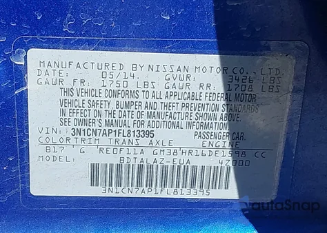 2015 Nissan Versa 1.6 S+ from USA, damaged, VIN 3N1CN7AP1FL813395